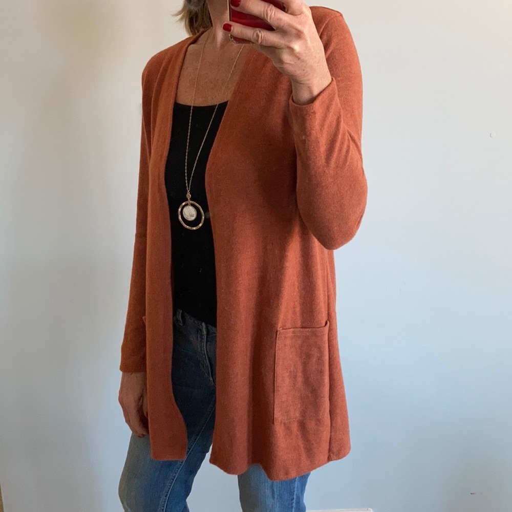 Rust Color Brushed Hacci Open Cardigan - Picture 4 of 7